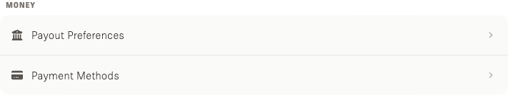 The Money group on the Storefront account page, with Payout Preferences as the first row