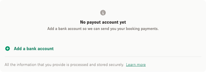 The Storefront payout accounts card before any account is added, showing the Add a bank account row