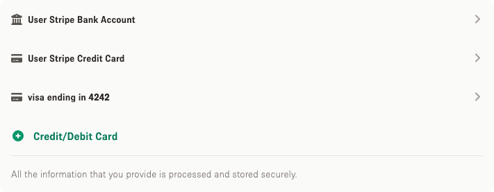The Storefront payment methods list, showing saved methods and the Credit/Debit Card row
